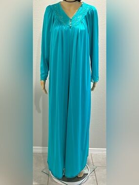 Long Sleeve Teal Women's Sleep Gown & Robe with Lace Cuffs 2 piece
